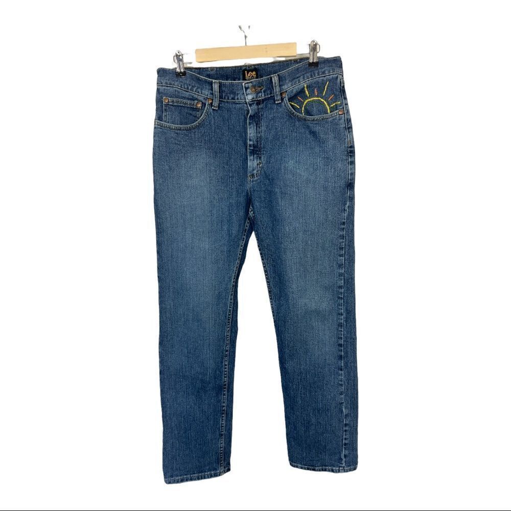 LEE Women’s Retro Inspired Upcycled Embroidered Denim Jeans Blue Size 34 x 32